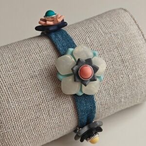 Handmade Resin Bracelet Denim Band Floral Charm Blue Chunky Resin Flower Korean